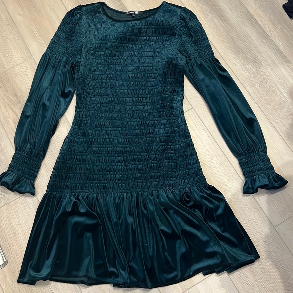 Velvet Smocked Green Dress - M